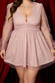 Pink Deep V Neck Illusion Sleeves Beaded Homecoming Dress