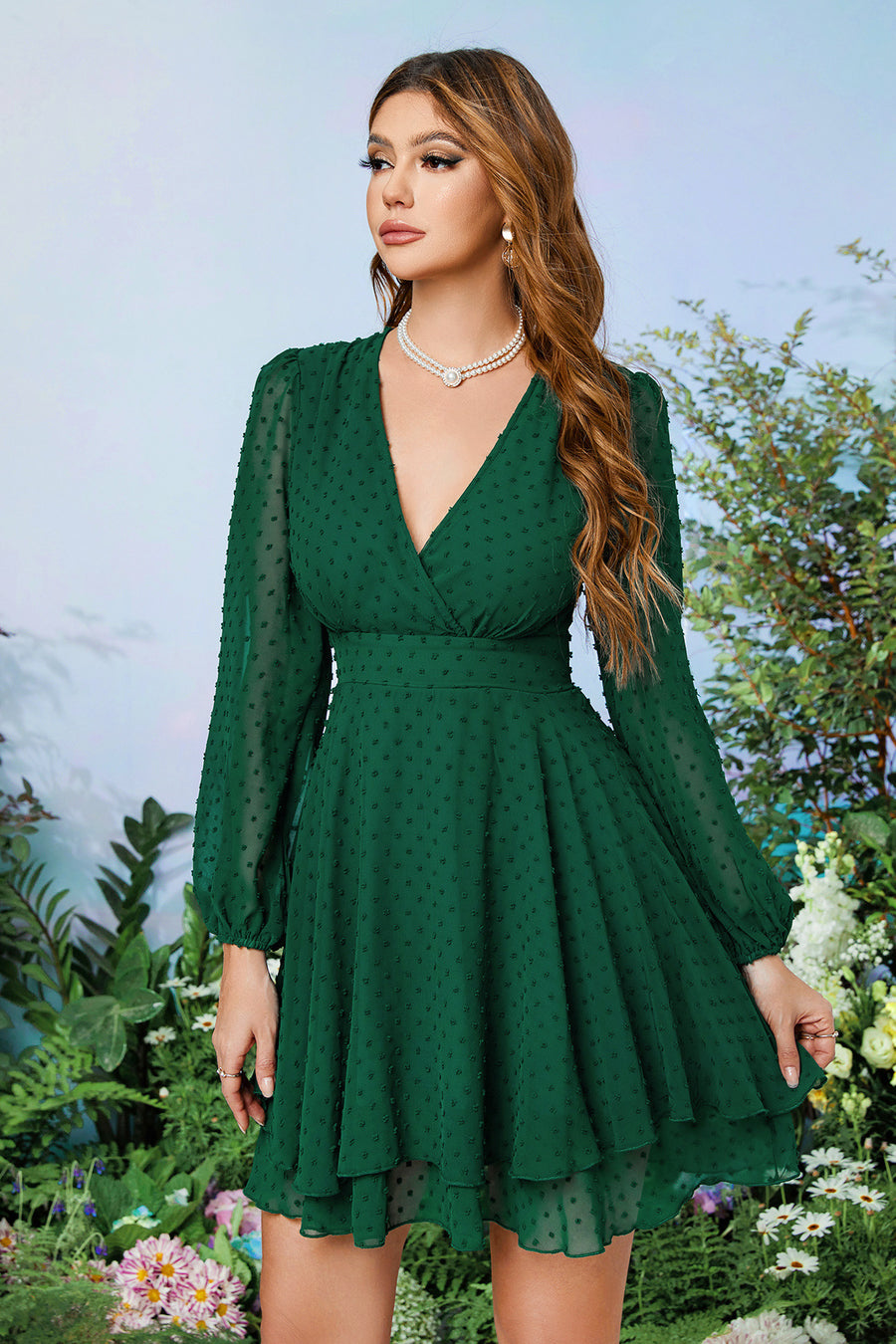 Dark Green Surplice Long Sleeves Printed Homecoming Dress | Joyofdress Dark Green Surplice Long Sleeves Printed Homecoming Dress | Joyofdress