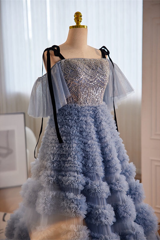 Dusty Blue Off-Shoulder Straps Sequined A-line Ruffle Layers Long Prom Dress