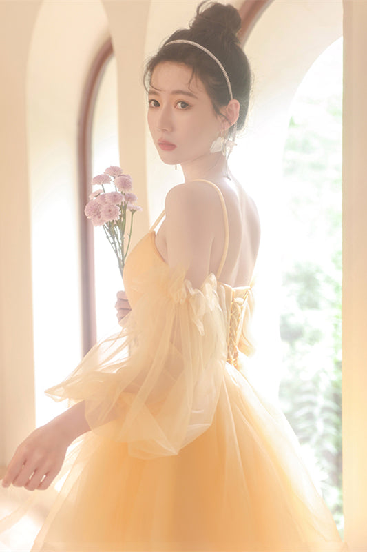 Yellow Lace-Up Off-the-Shoulder Tulle Homecoming Dress