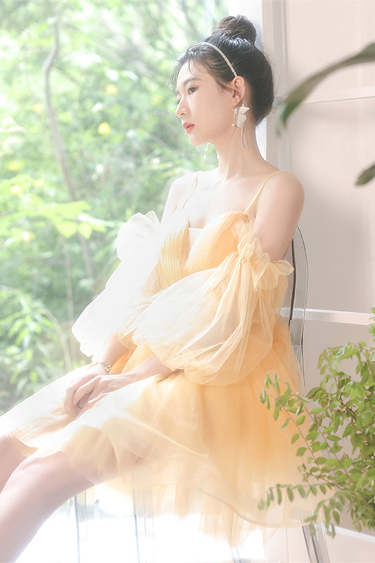 Yellow Lace-Up Off-the-Shoulder Tulle Homecoming Dress