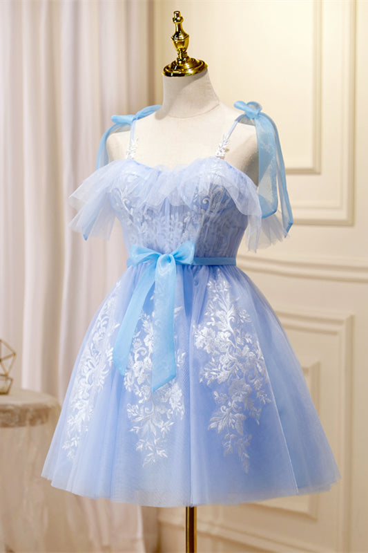 Sky Blue Flaunt Off-the-Shoulder Bow Tie Appliques Homecoming Dress