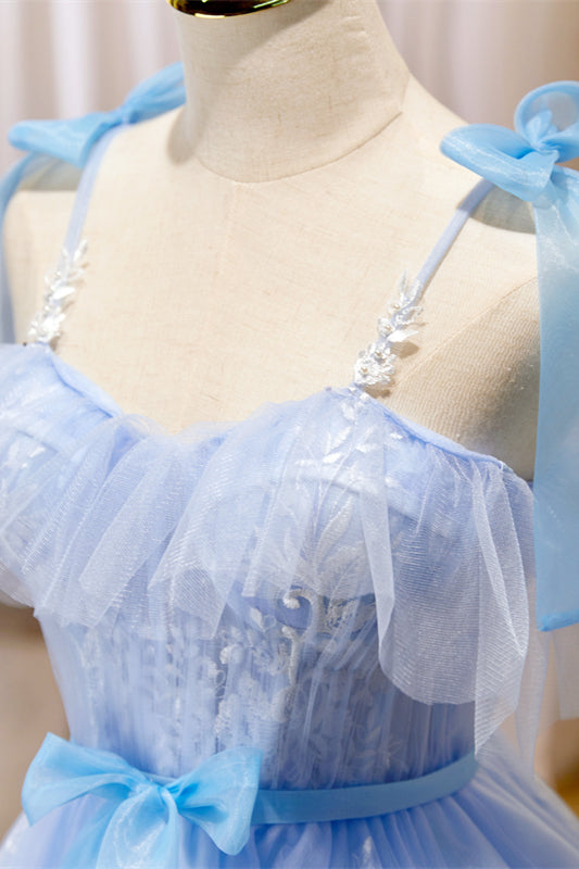Sky Blue Flaunt Off-the-Shoulder Bow Tie Appliques Homecoming Dress