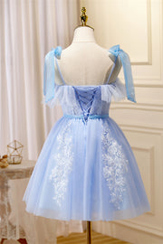 Sky Blue Flaunt Off-the-Shoulder Bow Tie Appliques Homecoming Dress