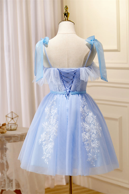Sky Blue Flaunt Off-the-Shoulder Bow Tie Appliques Homecoming Dress