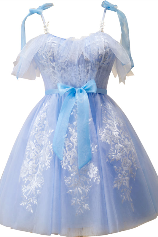 Sky Blue Flaunt Off-the-Shoulder Bow Tie Appliques Homecoming Dress