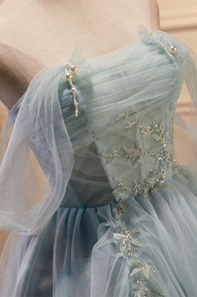 Dusty Sage Off-the-Shoulder Beaded Pleated Homecoming Dress