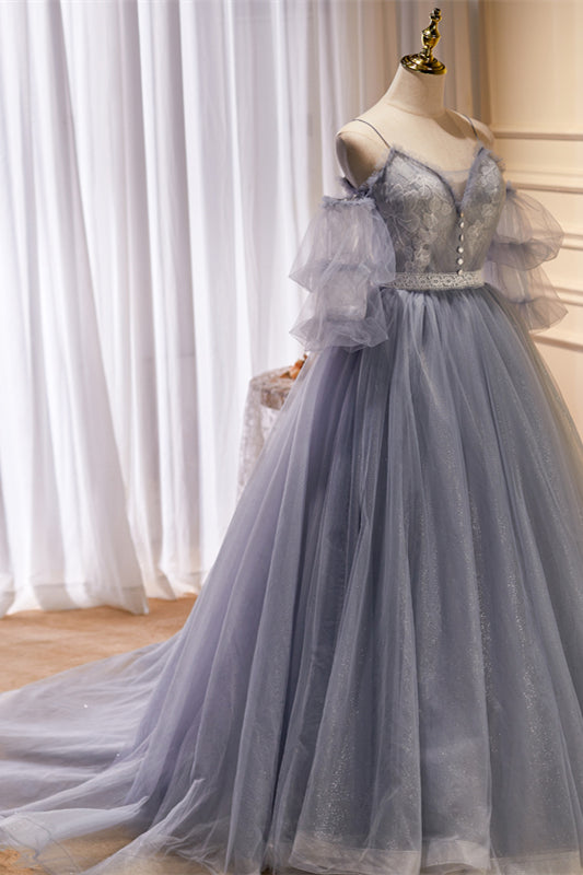 Lavender Layer Off-the-Shoulder Lace Ruffles Long Prom Dress