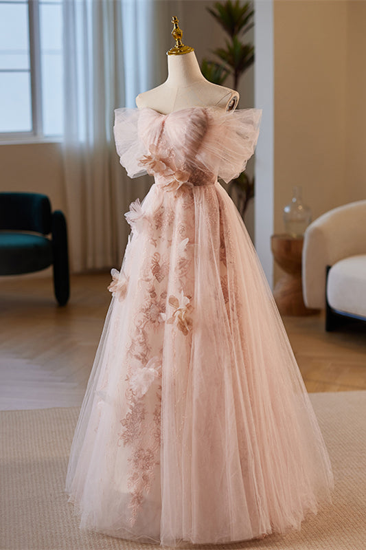 Pink Off-Shoulder A-line 3D Floral Applique Tulle Long Prom Dress