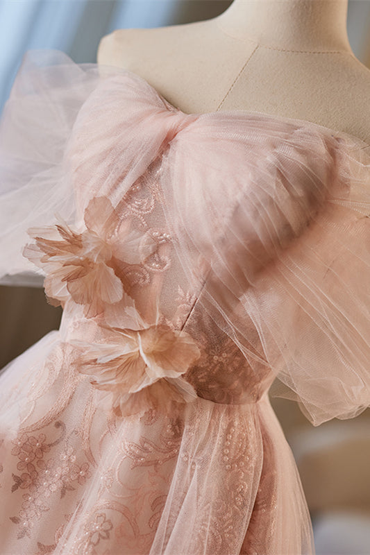 Pink Off-Shoulder A-line 3D Floral Applique Tulle Long Prom Dress