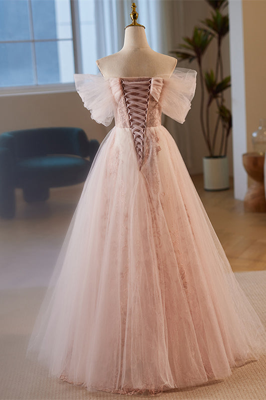 Pink Off-Shoulder A-line 3D Floral Applique Tulle Long Prom Dress |  Joyofdress