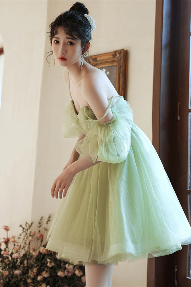 Sage Green Lace-Up Off-the-Shoulder Tulle Homecoming Dress