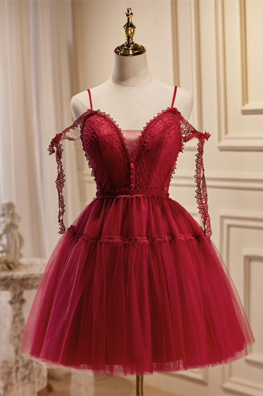 Wine Red Bow Tie Lace V Neck Buttons Homecoming Dress