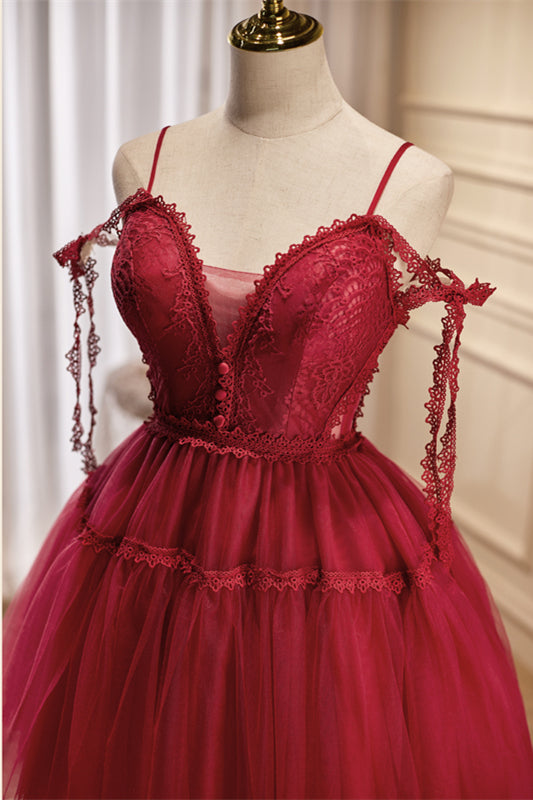 Burgundy Lace Short A-line Prom Dress, Cute Spaghetti Strap Party Dress US 12 / Burgundy Burgundy Lace Short A-line Prom Dress, Cute Spaghetti Strap Party Dress US 12 / Burgundy