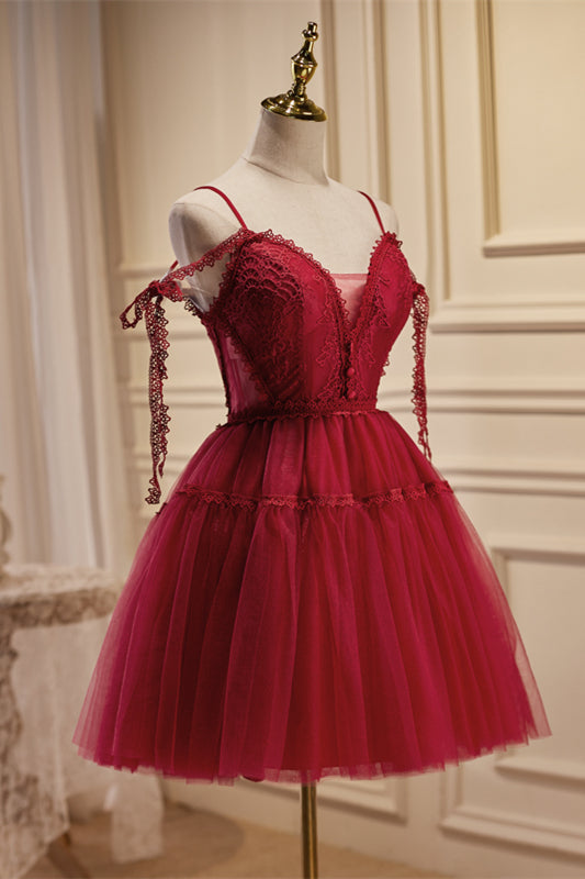 Wine Red Bow Tie Lace V Neck Buttons Homecoming Dress