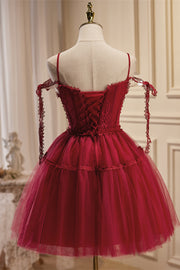 Wine Red Bow Tie Lace V Neck Buttons Homecoming Dress