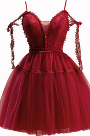 Wine Red Bow Tie Lace V Neck Buttons Homecoming Dress