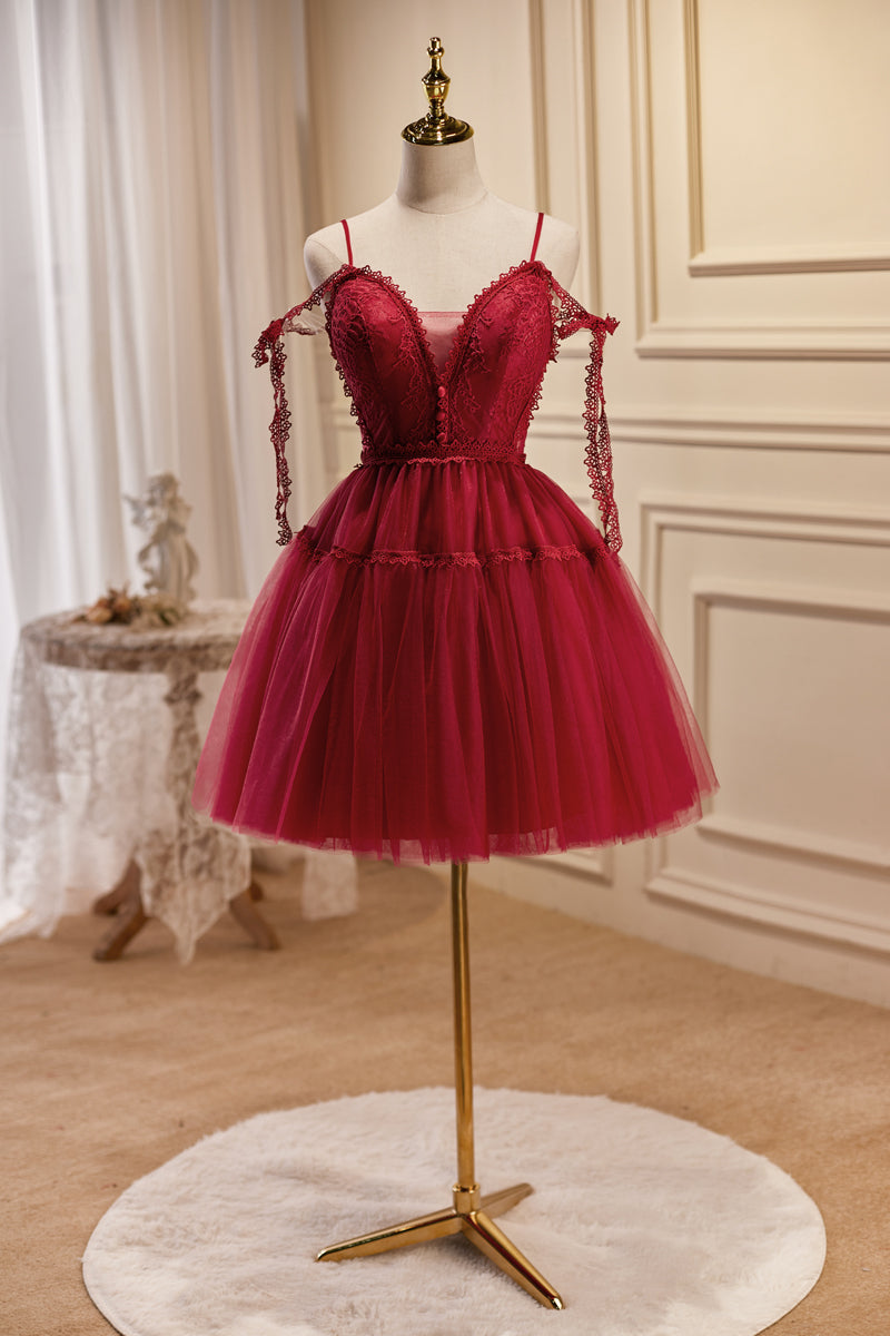 Wine Red Bow Tie Lace V Neck Buttons Homecoming Dress