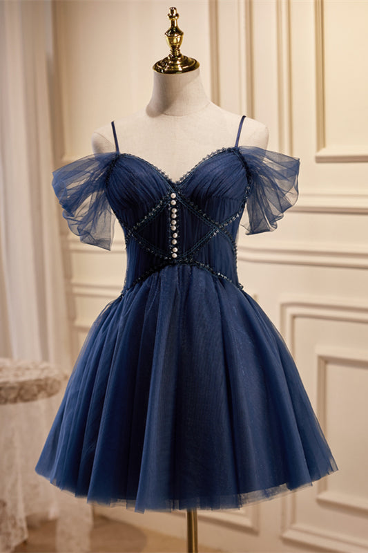 Navy Blue Off-the-Shoulder Beaded Pleated Homecoming Dress