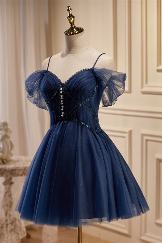 Navy Blue Off-the-Shoulder Beaded Pleated Homecoming Dress