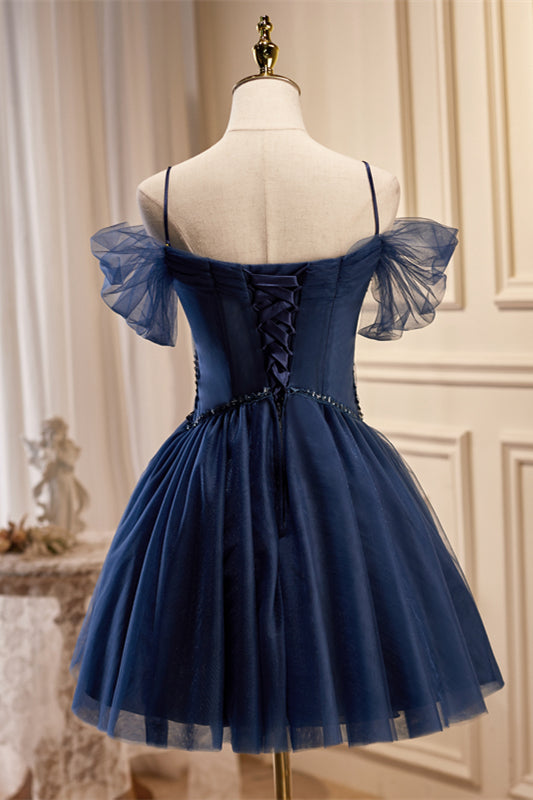 Navy Blue Off-the-Shoulder Beaded Pleated Homecoming Dress