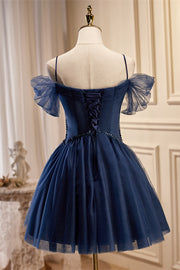 Navy Blue Off-the-Shoulder Beaded Pleated Homecoming Dress