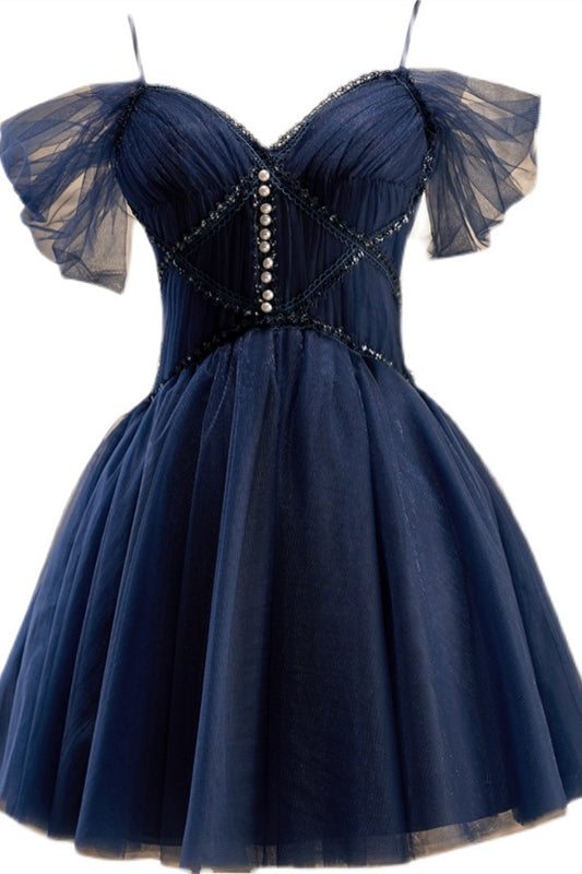 Off The Shoulder Short Navy Blue Prom Dresses, Dark Blue Off Shoulder Graduation Homecoming Dresses, US 4 / Custom Color / No Rush
