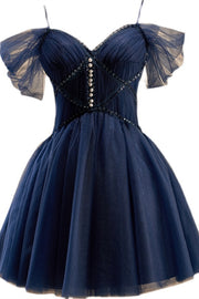 Navy Blue Off-the-Shoulder Beaded Pleated Homecoming Dress