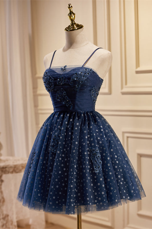 Navy Blue Sweetheart Straps Appliques Dots Homecoming Dress