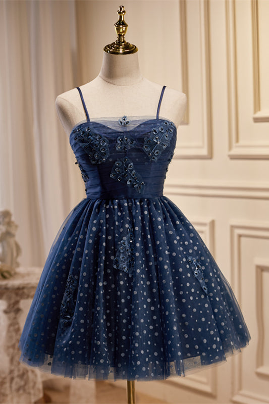 Navy Blue Sweetheart Straps Appliques Dots Homecoming Dress