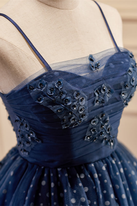 Navy Blue Sweetheart Straps Appliques Dots Homecoming Dress