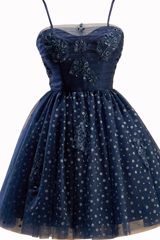 Navy Blue Sweetheart Straps Appliques Dots Homecoming Dress