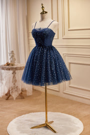 Navy Blue Sweetheart Straps Appliques Dots Homecoming Dress