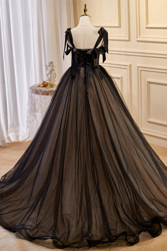 Black Bow Ties Lace Tulle Long Prom Dress