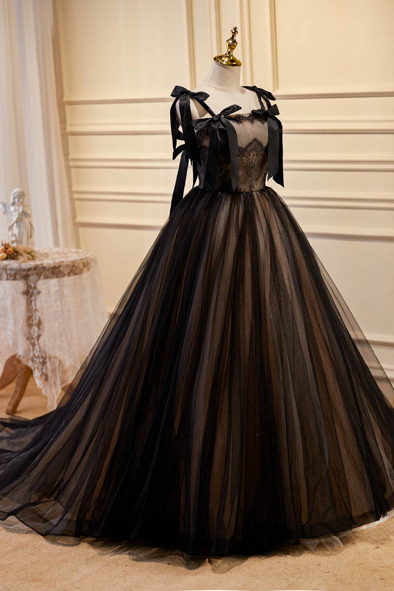 Black Bow Ties Lace Tulle Long Prom Dress