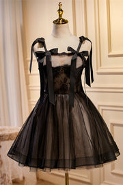 Black Bow Ties Lace Tulle Homecoming Dress