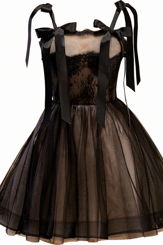 Black Bow Ties Lace Tulle Homecoming Dress