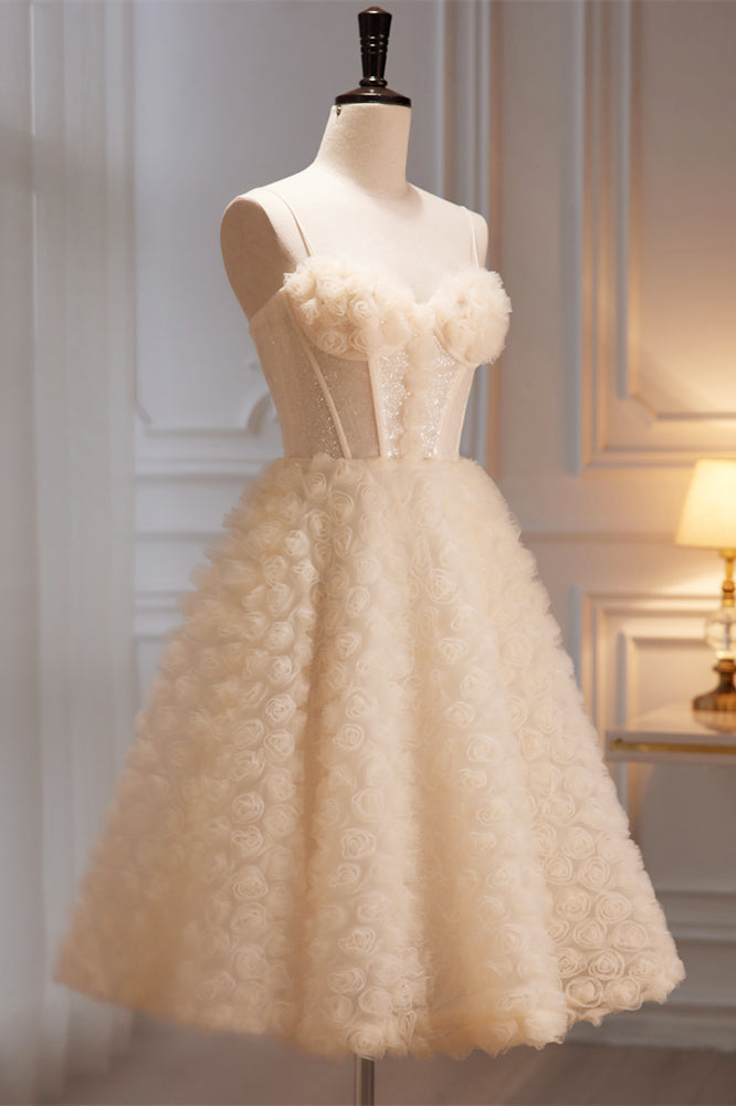 Champagne Sequins Flowers Tulle Knee Length Homecoming Dress