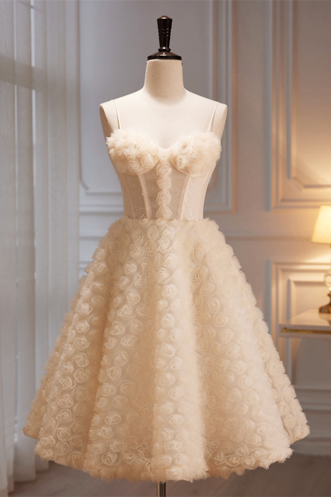 Champagne Sequins Flowers Tulle Knee Length Homecoming Dress