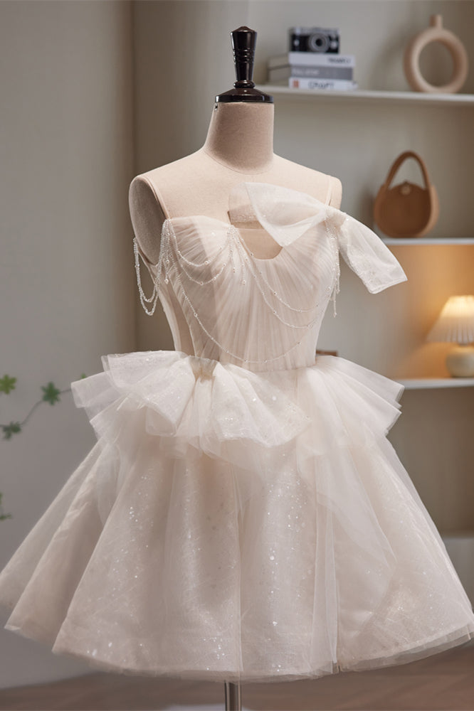 Ivory Straps Beading Bow Ruffle Pleated Homecoming Dress