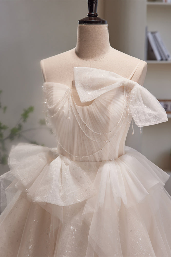Ivory Straps Beading Bow Ruffle Pleated Homecoming Dress