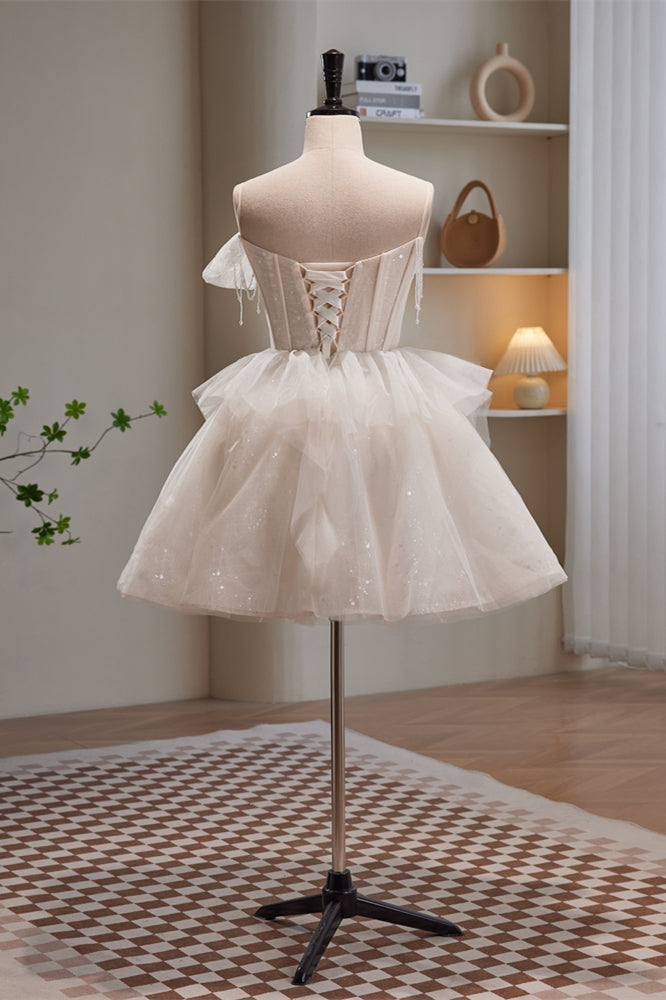 Ivory Straps Beading Bow Ruffle Pleated Homecoming Dress