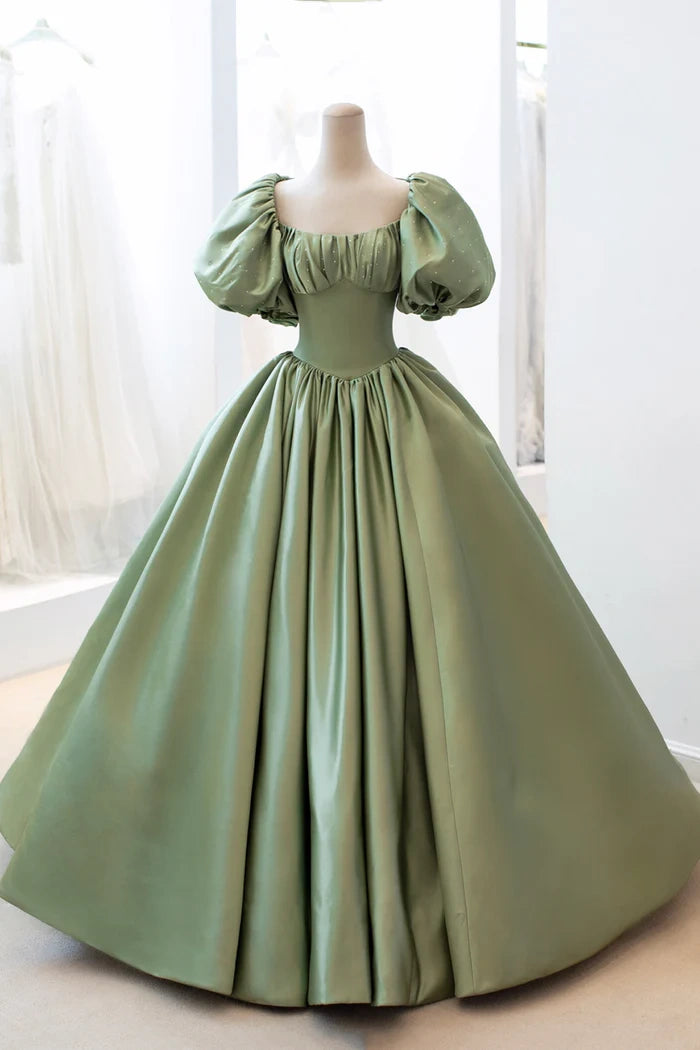 Sage Green Satin A-Line Bateau Short Sleeves Beaded Party Prom Dress