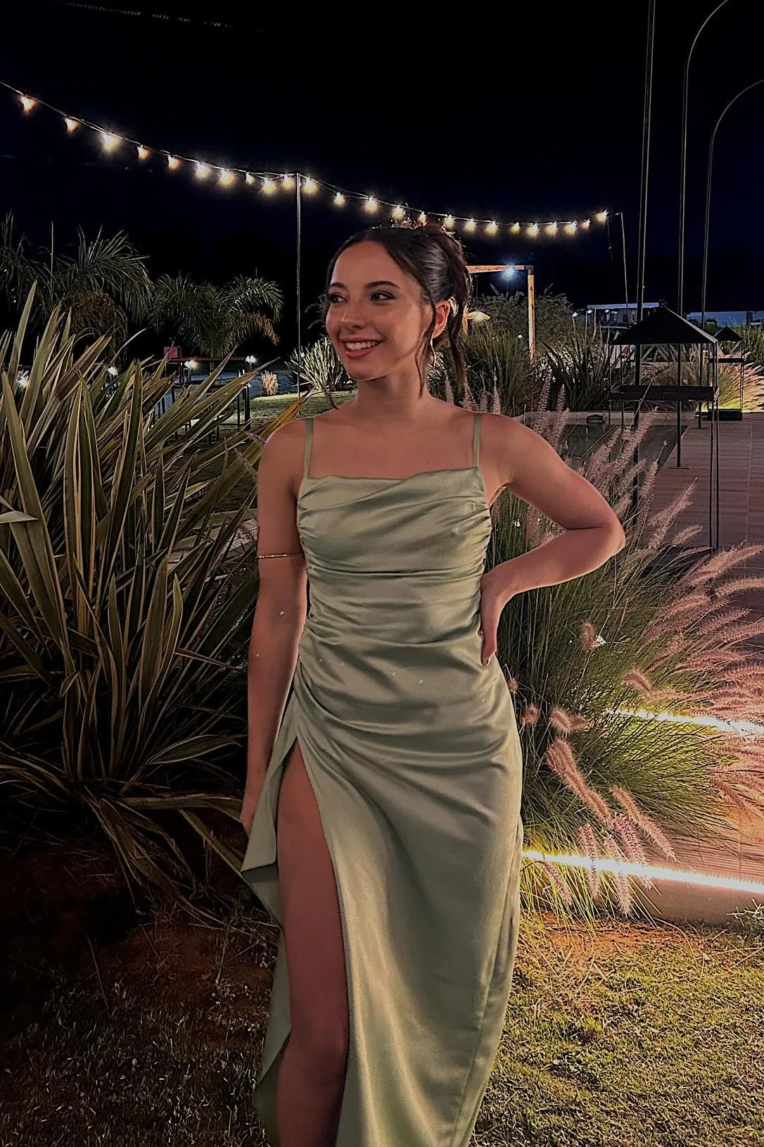 Sage Green Spaghetti Straps Ruched Empire Split Satin Party Prom Dress 
