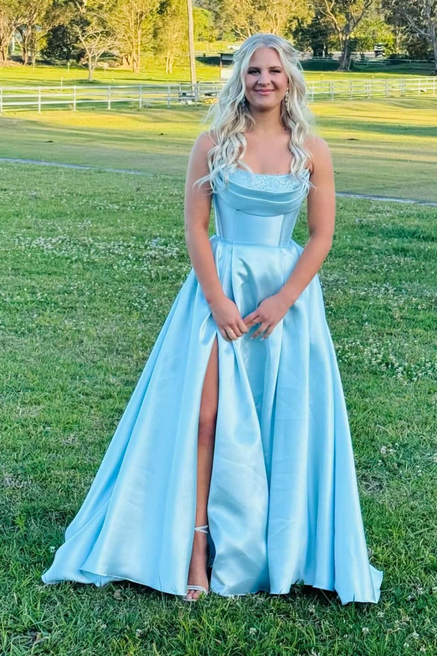 Satin A-Line Bateau Strapless Empire Long Party Prom Dress