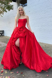 Satin A-Line Bateau Strapless Empire Party Prom Dress With Floral