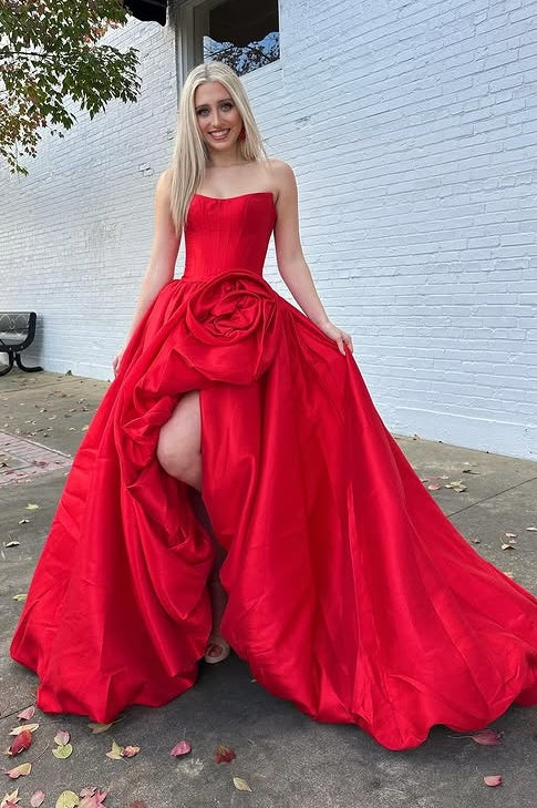 Satin A-Line Bateau Strapless Empire Party Prom Dress With Floral