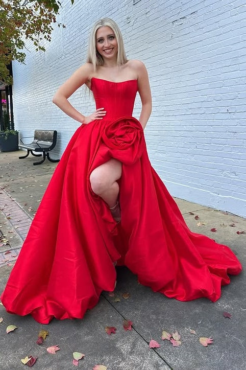 Satin A-Line Bateau Strapless Empire Party Prom Dress With Floral