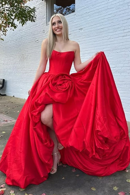 Satin A-Line Bateau Strapless Empire Party Prom Dress With Floral