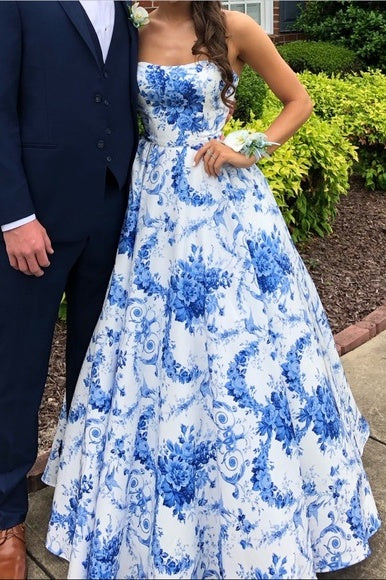 Satin A-Line Bateau Strapless Floral Long Party Prom Dress